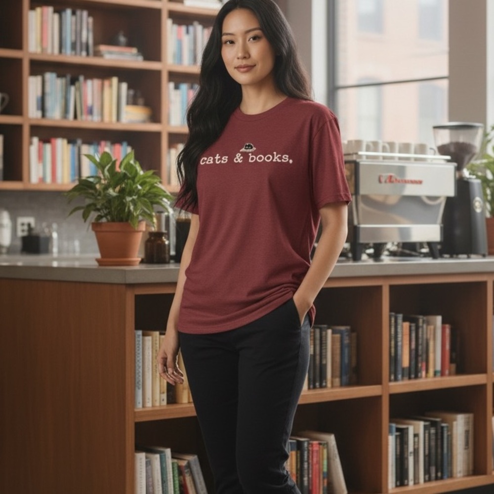 Cats & Books Maroon T-Shirt Cat Lady Book Lover T-shirt size Small NWOT fitted - Picture 2 of 11